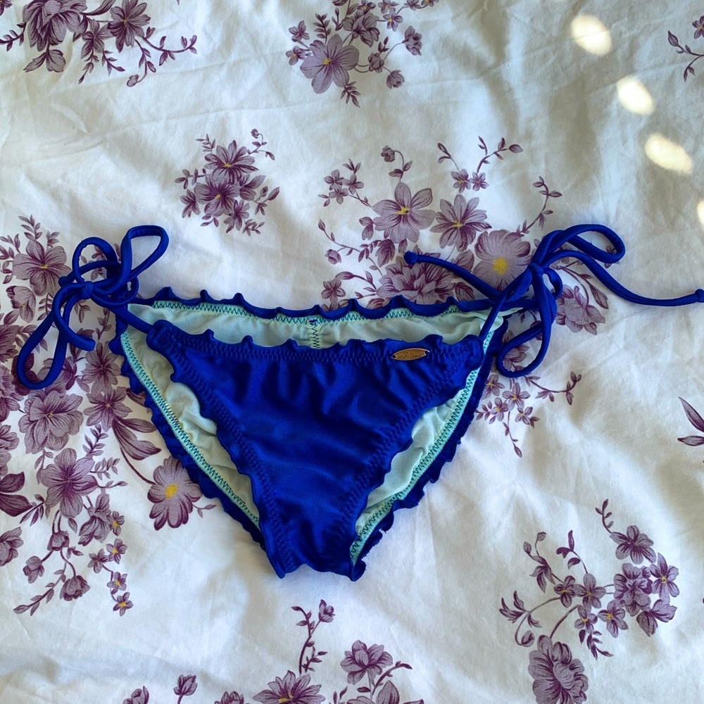 Luli Fama semi cheeky Royal Blue side tie frilly scrunch bikini bottoms